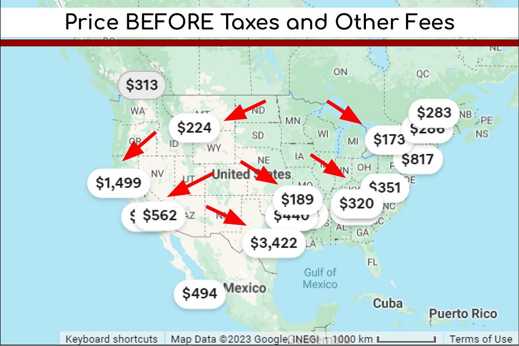 A screenshot from Airbnb of the map search feature. The prices shown on the map are the price before taxes and other fees.