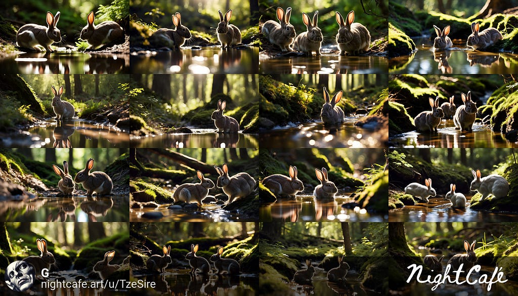 “rabbits drink from a babbling brook in the forest, 50mm lens, ray tracing, shadow depth, backlit, 32k” | Images Generated by Gustave Deresse | Writer; AI Artist in NightCafe; unedited