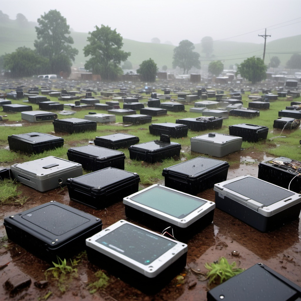 A technological graveyard on an overcast day. Old computer equipment lays forlornly organized in muddy fields
