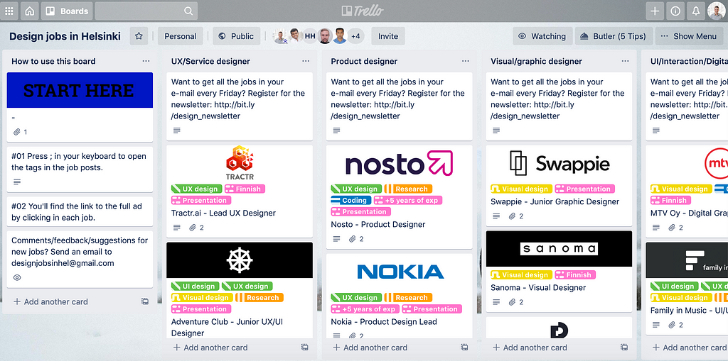Screenshot of the job board for designers in Helsinki