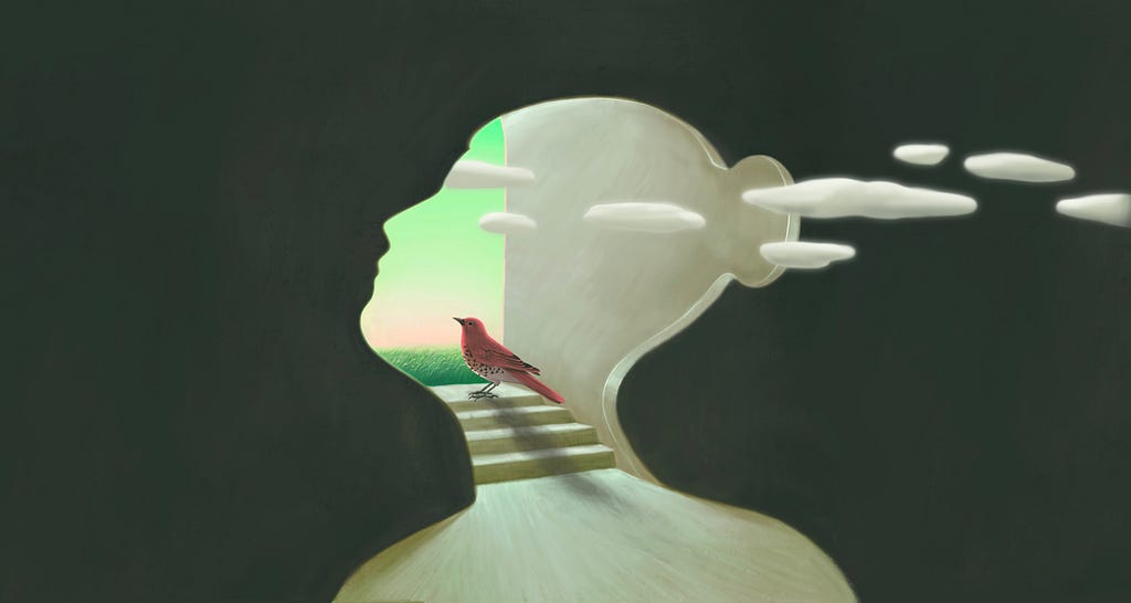 Illustration shows a little red colored bird sits in a woman-shaped doorway.