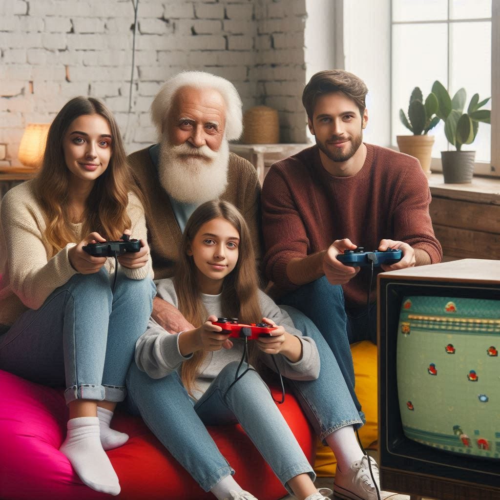 family playing retrogames