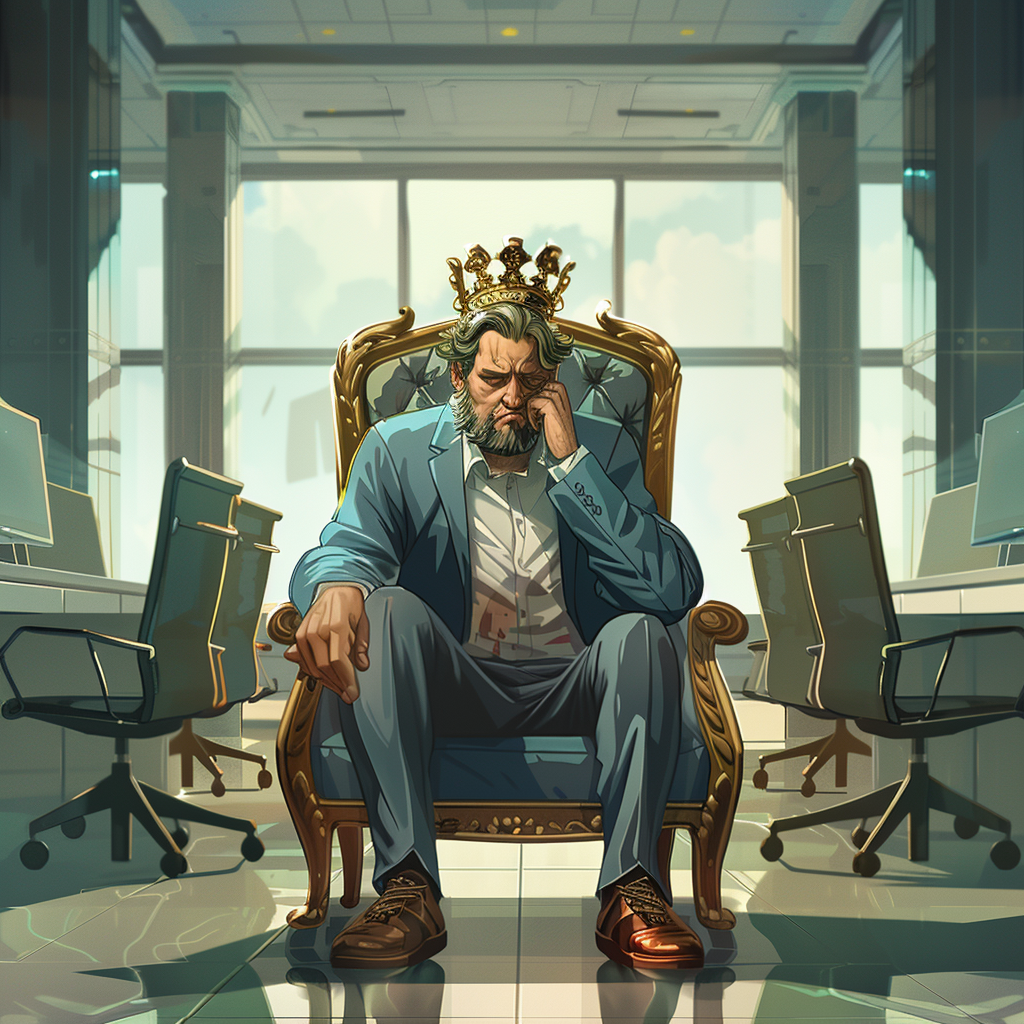 A sad, anxious-looking man wearing a crown, sitting on a throne in an empty corporate office.