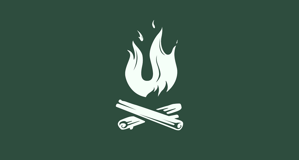 UX Camp Melbourne | Naarm logo, a fire on logs in the shape of a U, on a deep green background