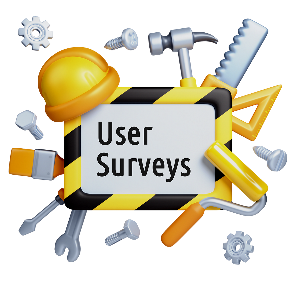 the title image: an illustration with tools and a sign with the text “user surveys” on it