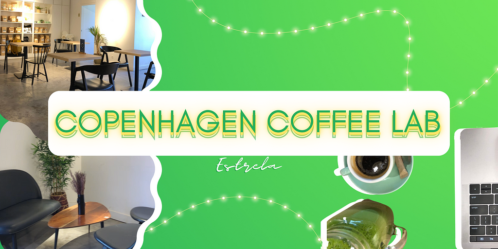 Copenhagen Coffee Lab in Estrela environment, laptop, coffee, and green juice