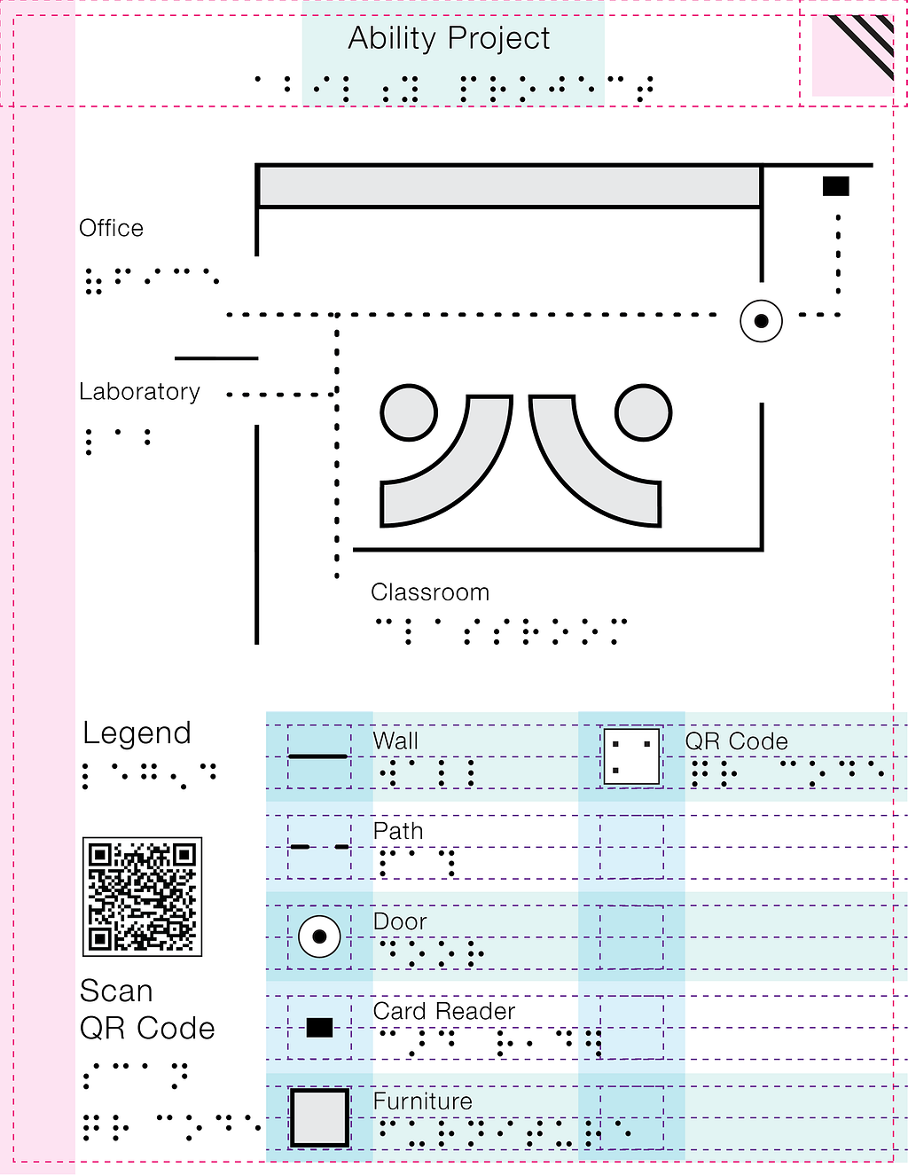 Vector-based Ability Project tactile map file with spacing and margin guidelines, designed in software such as Figma or Illustrator.