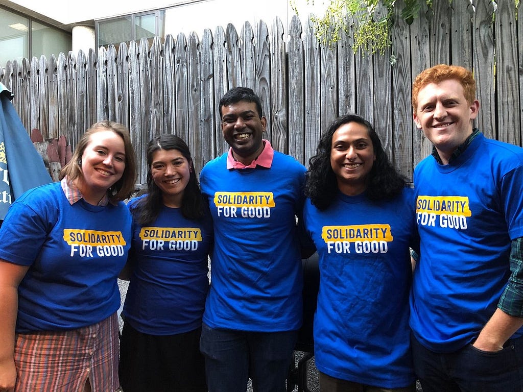 Some of the Action Squared union members posing together with their NPEU T-shirts. Image from: https://npeu.org/news/2019/10/
