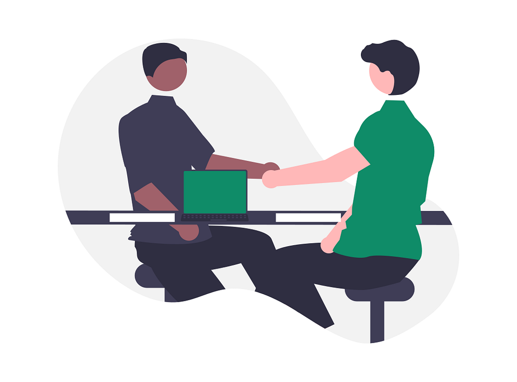 Doodle of two people shaking hands during an interview