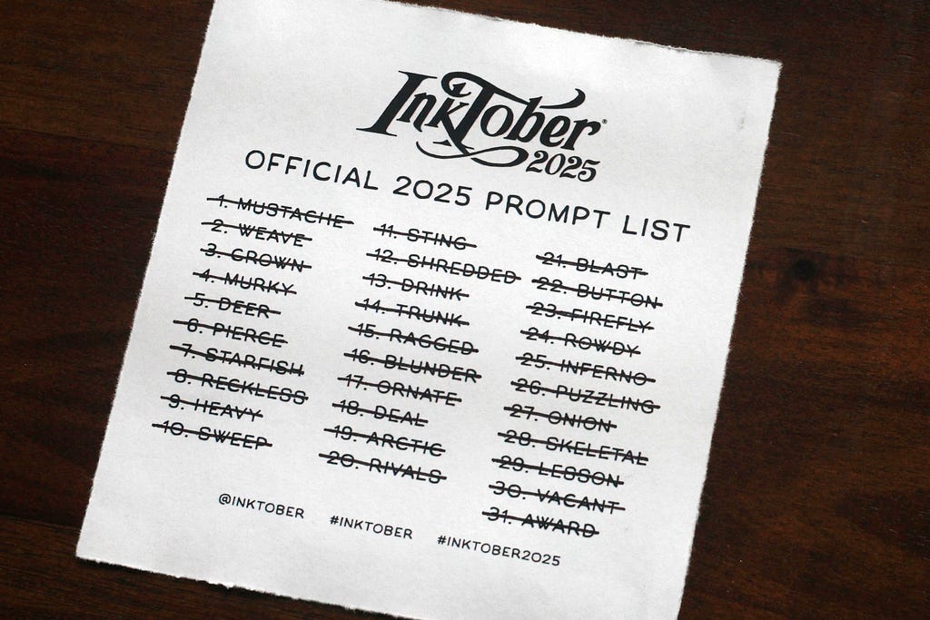 The official Inktober 2025 prompt list with each entry crossed off