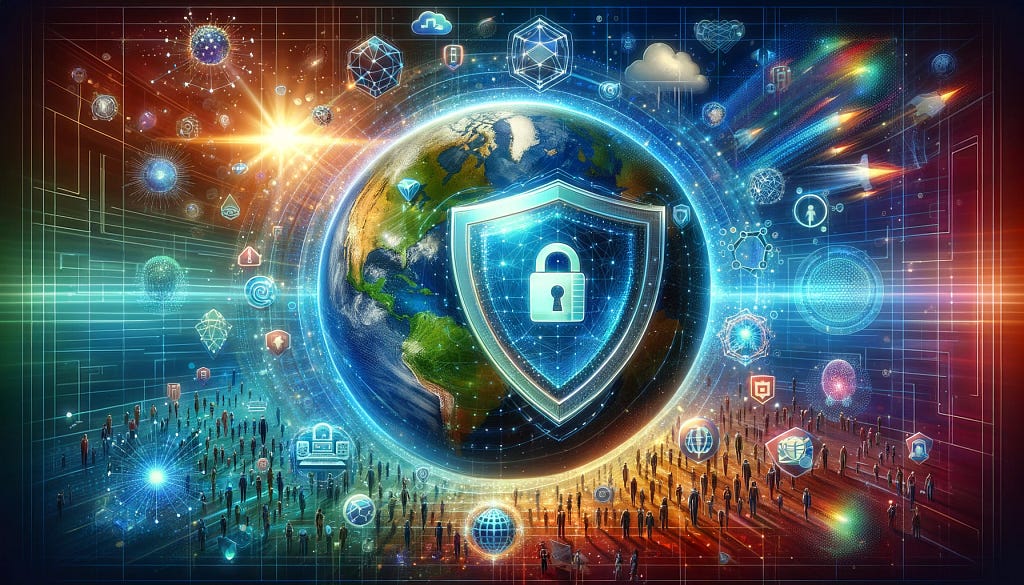 The image captures a vibrant, optimistic view of a safer digital future, featuring a globe encased in a protective shield powered by machine learning technologies. Around the globe, individuals and organizations interact securely within this fortified digital environment, highlighting the promise of a secure digital ecosystem safeguarded by advanced cybersecurity measures. The bright and hopeful colors reflect the vision of a world where digital interactions are seamless and safe, free from the