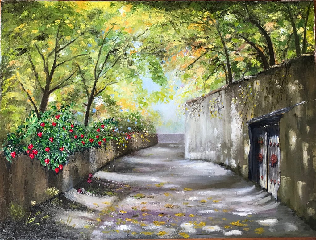 Oil painting of a city street with trees and flowers on each side.