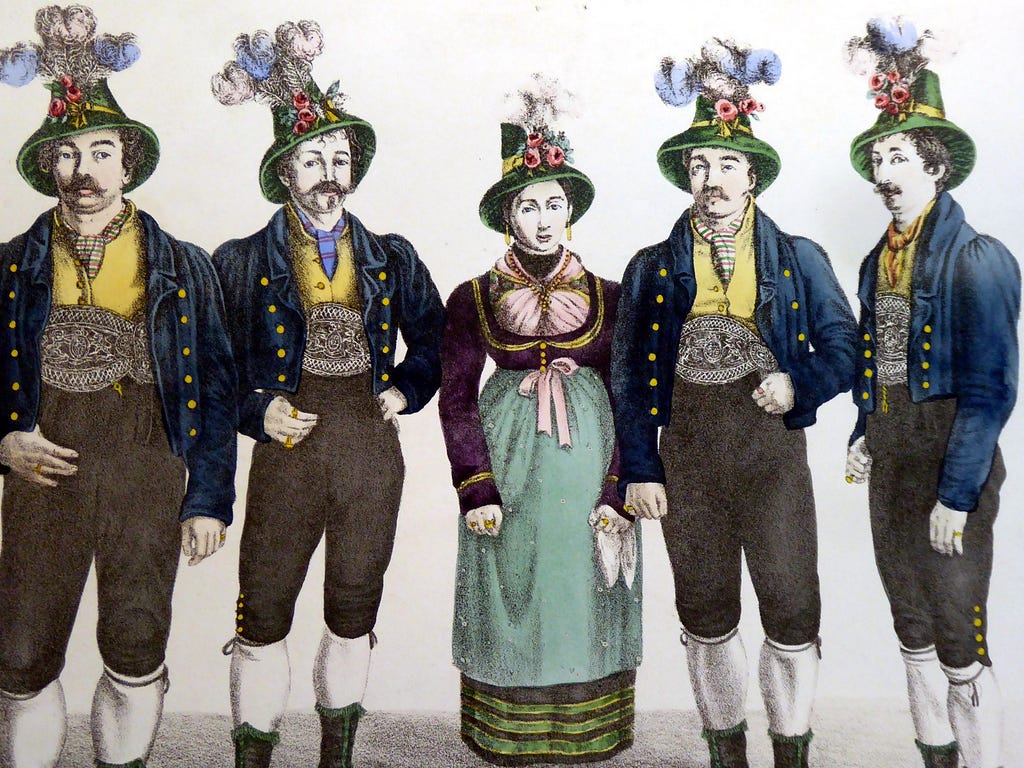 An illustration of the Rainer Family Singers, for men and one woman