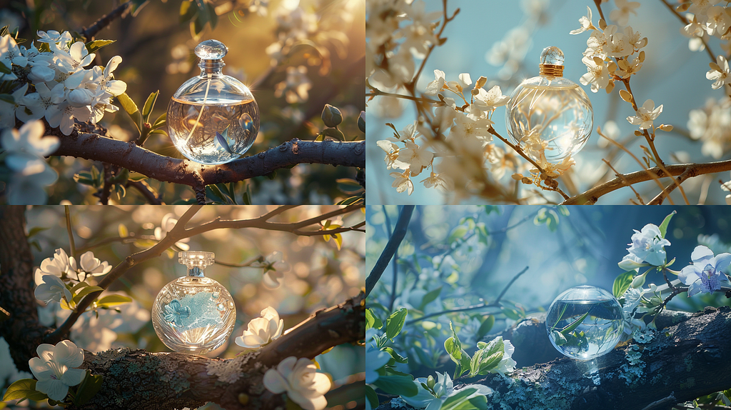 Product photography, a glass ball perfume sitting on top of a tree branch, with white flowers, romanticism, blue iris, 45 degree upward viewing angle