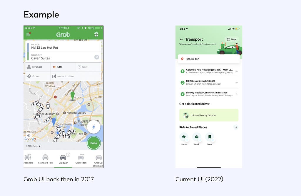 Grab UI in 2017 and current 2022 UI design