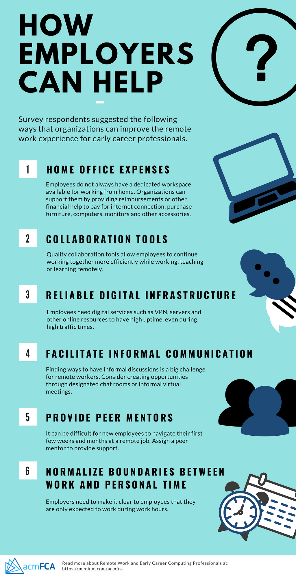 Organizations should subsidize home office expenses, facilitate communication and collaboration, and normalize boundaries.