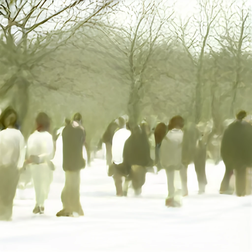 A group of human figures in a snowy field surrounded by leafless trees generated by craiyon.com from the prompt ‘Visitors’