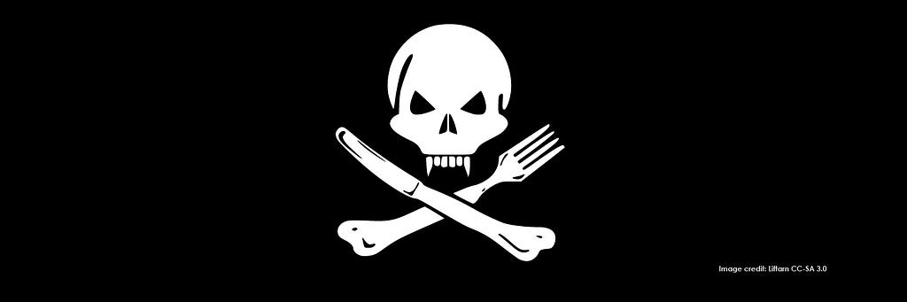 Stylized picture of a skull and crossbones with a knife and fork in place of crossbones.