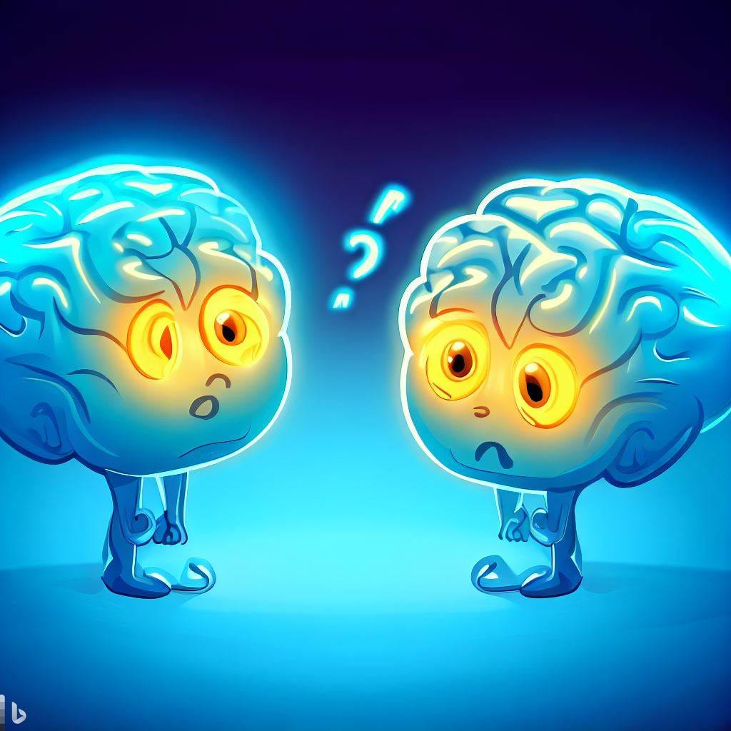 Cartoon of two brain people talking. One is asking a question, the other is sad.