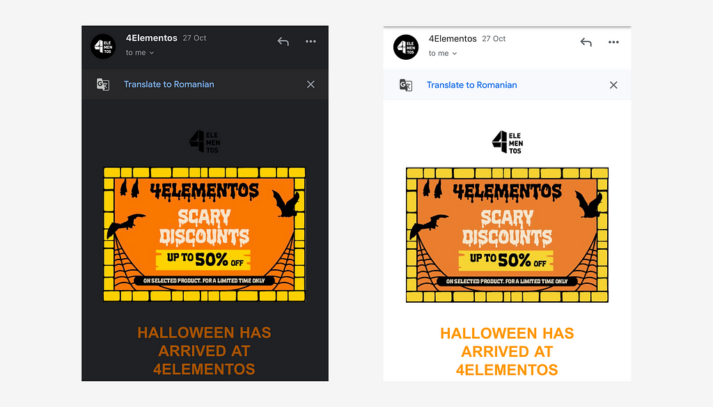 On the left there is an example of 4 Elements Newsletter in dark mode, and on the right there is an example of 4 Elements Newsletter in light mode