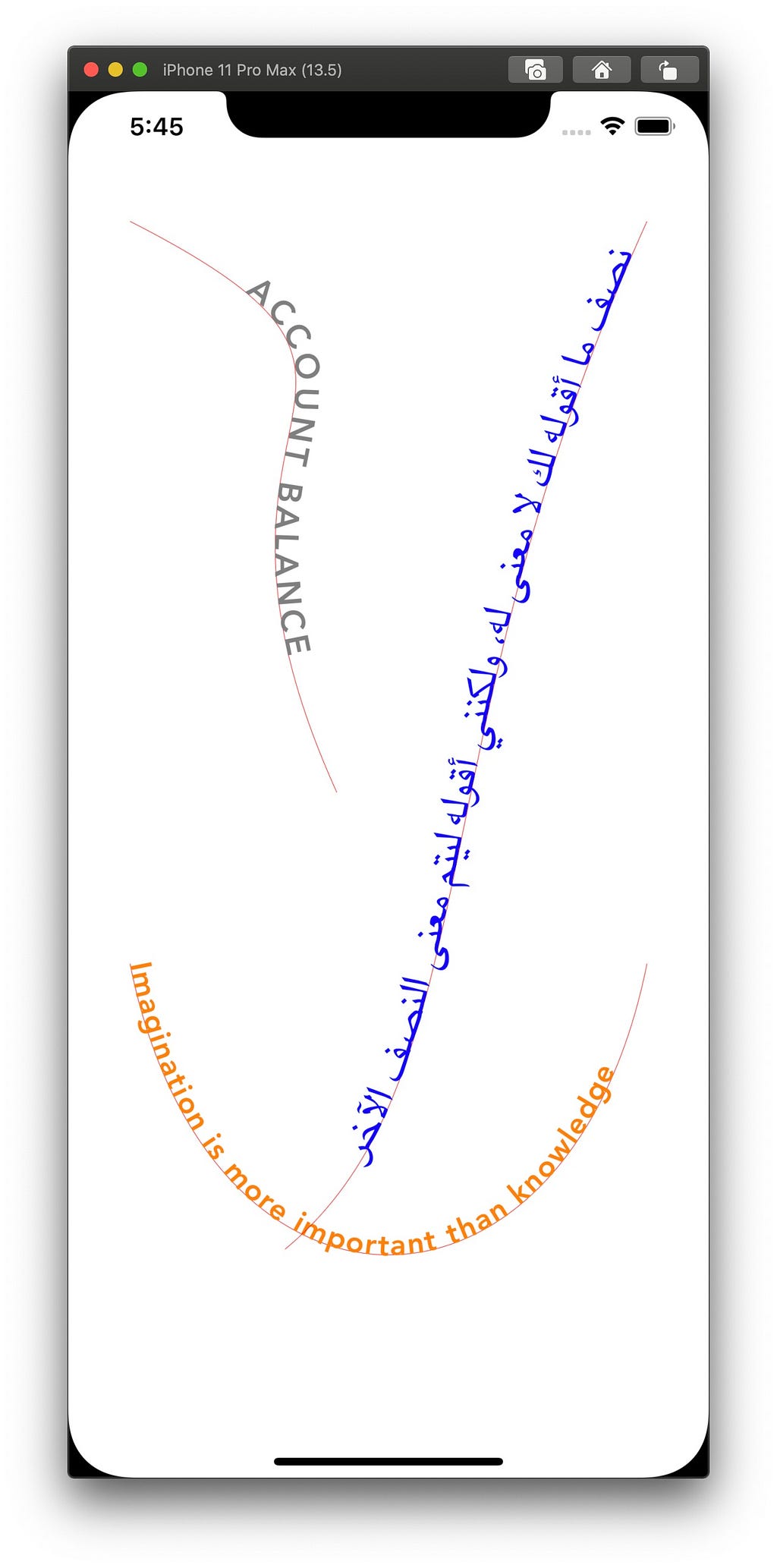 iOS simulator showing text rendered along a curve