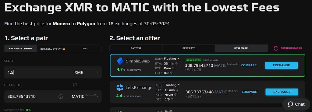 Buy MATIC with XMR on SwapZone