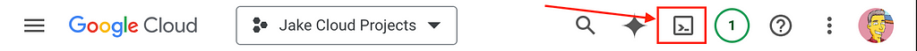 Top menu of the Google Cloud console highlighting the icon for the Cloud Shell with a red box and red arrow