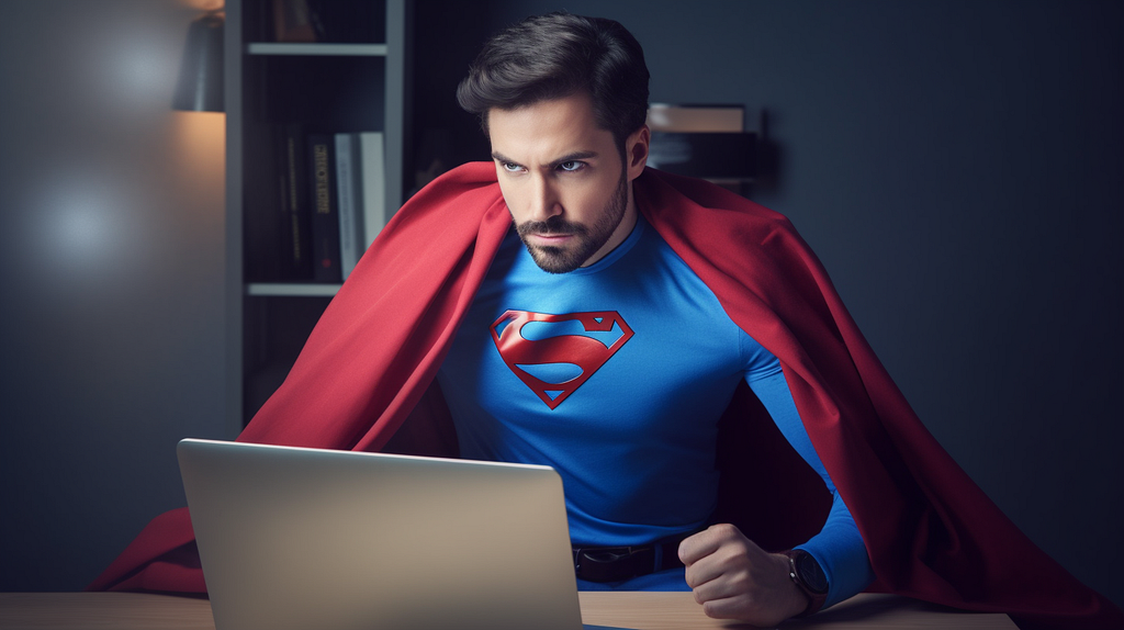 Superhero working on a laptop ready to save the day