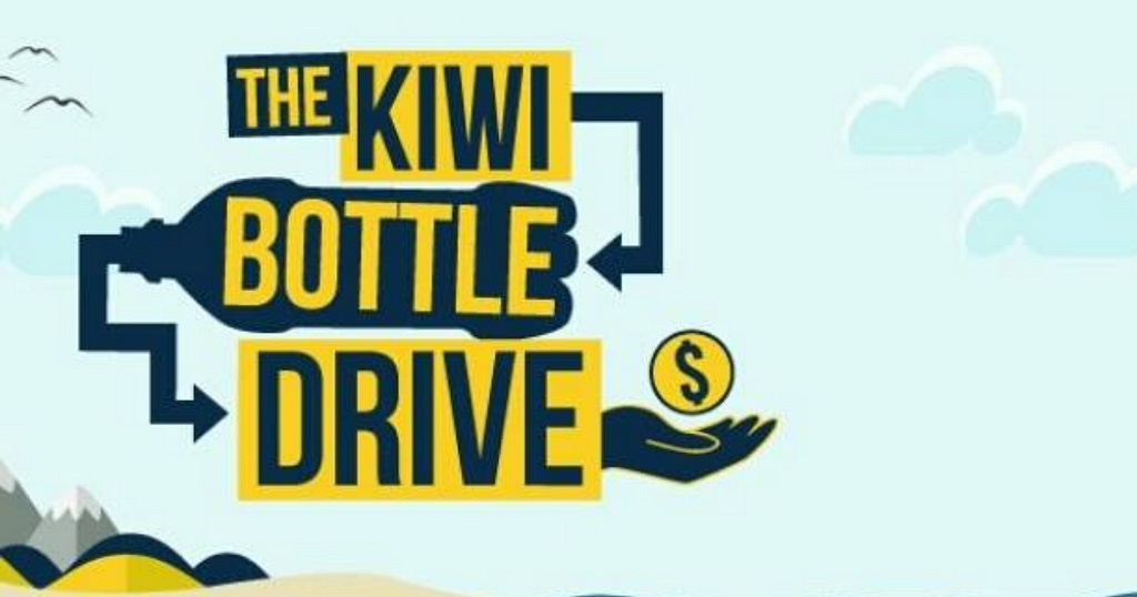 The Kiwi Bottle Drive logo, the name is a graphic that shows arrows going to a bottle to a hand receiving money