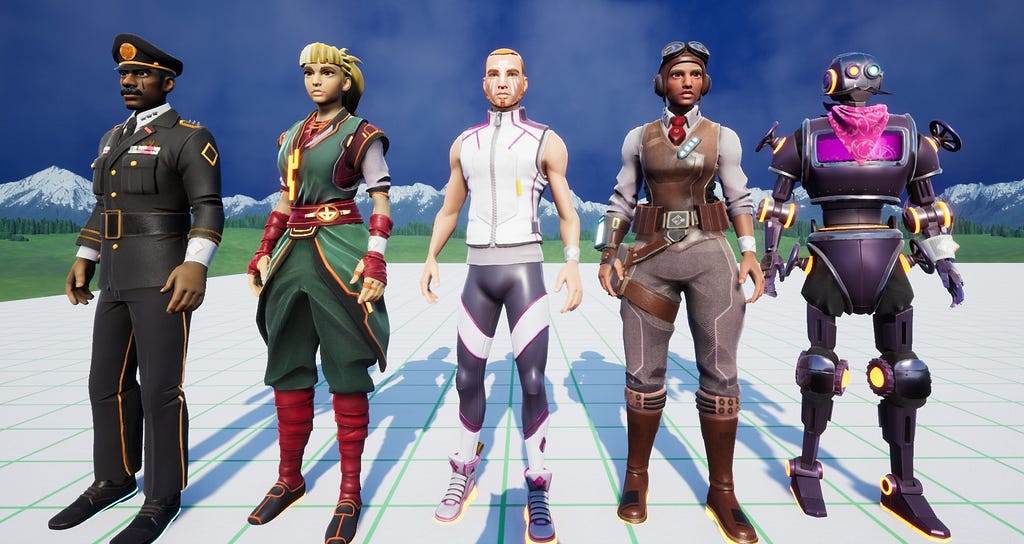 A lineup of 5 characters wearing various outfits