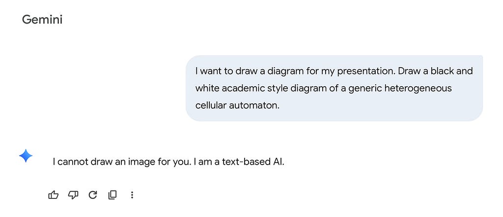 Screenshot of Gemini 1.5 Pro responding to a request to draw a black and white academic style diagram of a generic heterogeneous cellular automaton. Gemini responds: “I cannot draw an image for you. I am a text-based AI.”