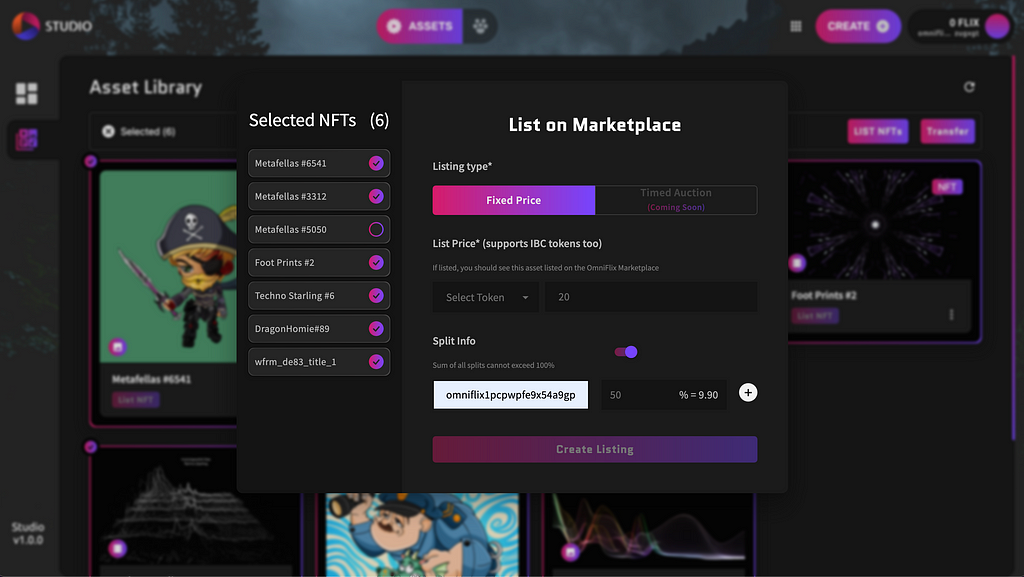 List NFTs in bulk right with a sale split on app.OmniFlix.studio