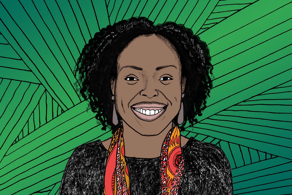 Hand-drawn illustrated portrait of Robin Brewer, a woman of color wearing a red scarf