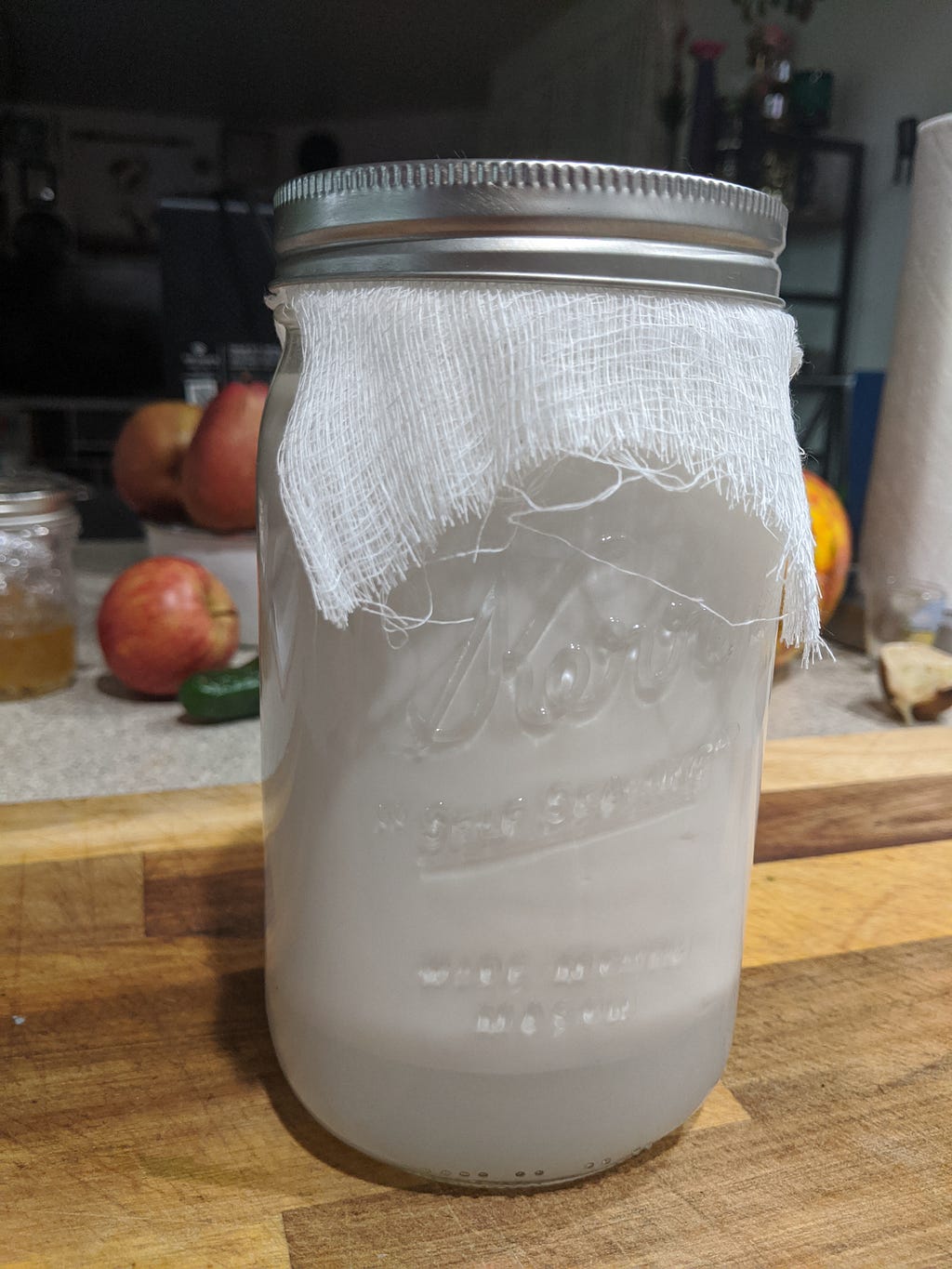 A jar of fermented coconut milk becoming yogurt with a thick, white curd floating in milky liquid whey.
