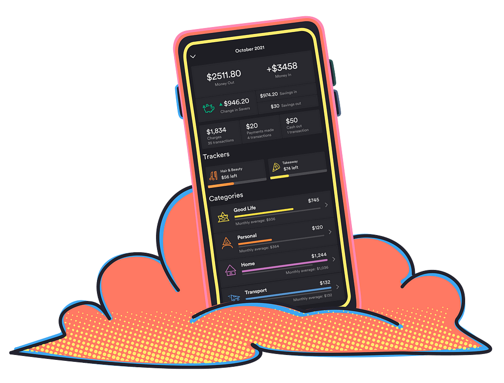 A screenshot of Up’s insights page, which categorises your spending into Good Life, Personal, Home, Transport, and more, with trackers set up on categories you want to keep an eye on your spending for.