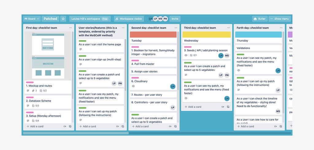 Trello boards from the Patched build — first 4 days
