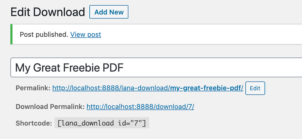 The edit download page screenshot showing the download permalink