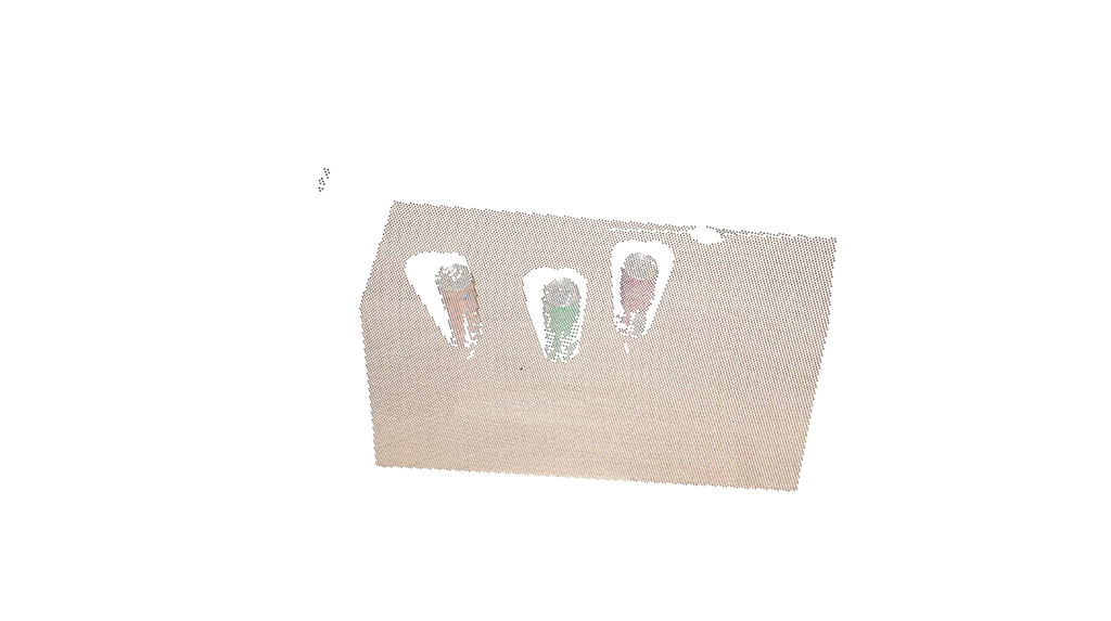 Raw 3D point cloud of three metal cans on a rotated industrial plane requiring an Oriented Bounding Box (OBB) crop.