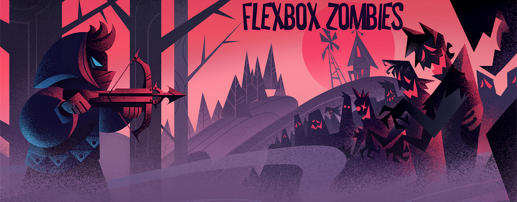 A cartoon archer points a bow and arrow towards a herd of zombies. The text “FLEXBOX ZOMBIES” in the top right corner.