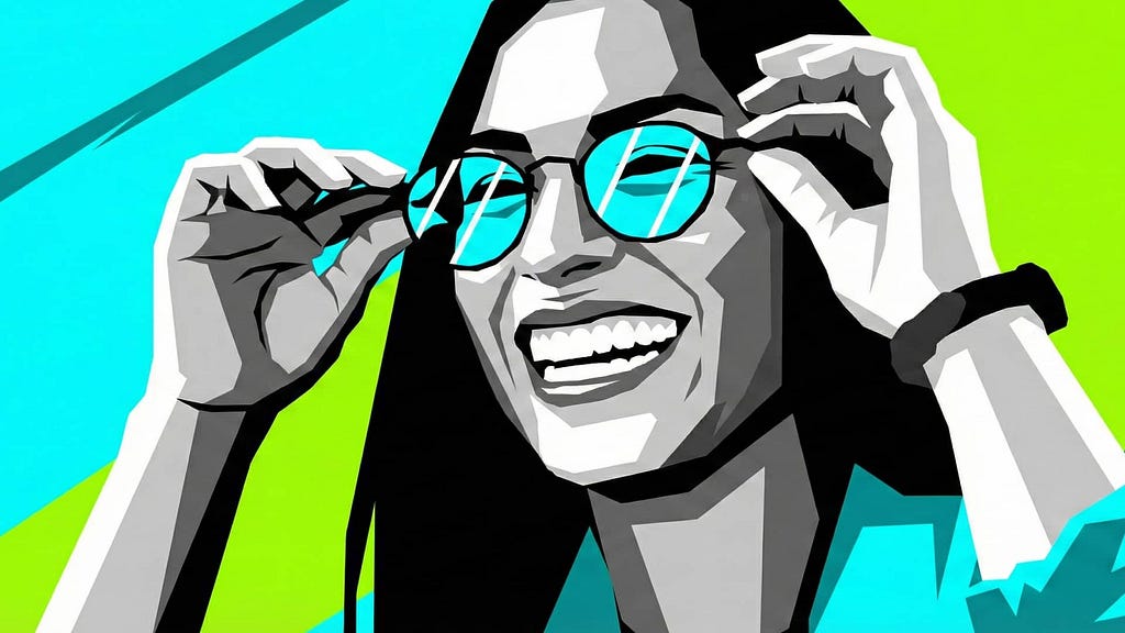 A woman smiling grabbing her glasses. AI-Generated image