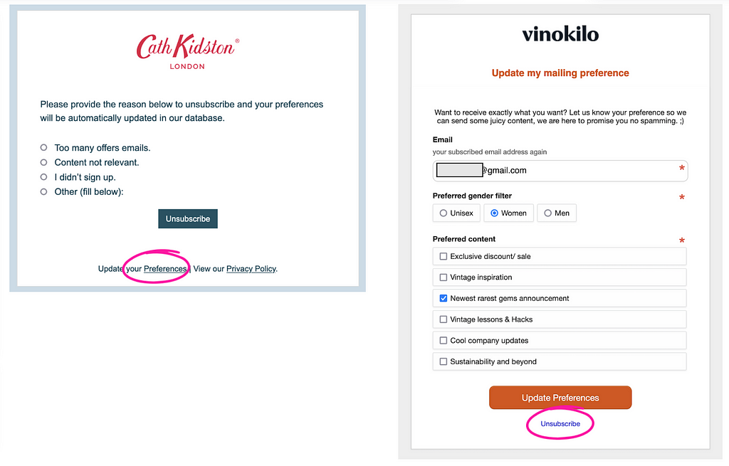 On the left there is a screenshot of the feedback page in Cath Kidston where the link at the preferences is highlighted; on the right the Vinokilo preferences update page, where the link to unsubscription is highlighted.