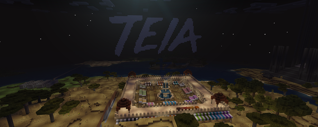 A night view of a Minecraft desert fortress lit by torches, with a block-built “TEIA” logo floating in the sky and colorful vendor stalls inside the walls.