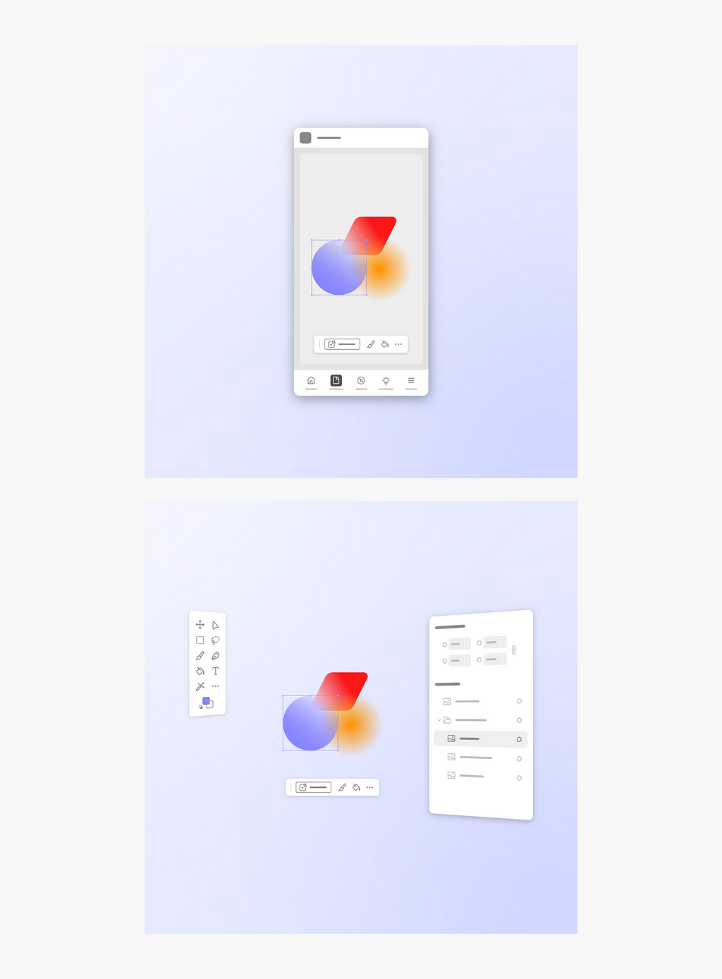 Two digital mockups of Spectrum 2 graphics (a blue circle, a red parallelogram, and a yellow orange sunburst) on the home screen of an iPhone app. The top image shows the graphics on an art board in an iPhone app on a lavender background. The bottom image shows the same components of the iPhone app in an expanded view (clockwise from left: a left-side toolbar, graphics on an art board, a file folder menu, and a bottom toolbar) on a lavender background.