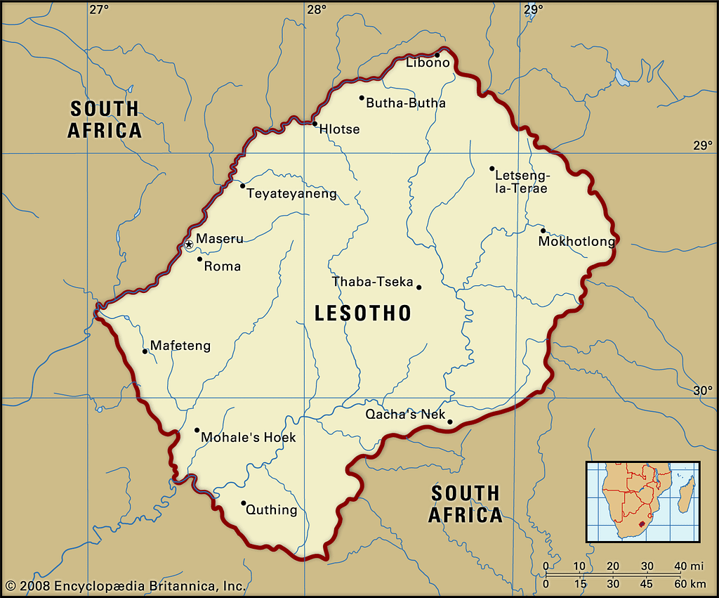 Mapa do Lesoto que mostra sua condição de enclave em relação à África do Sul.