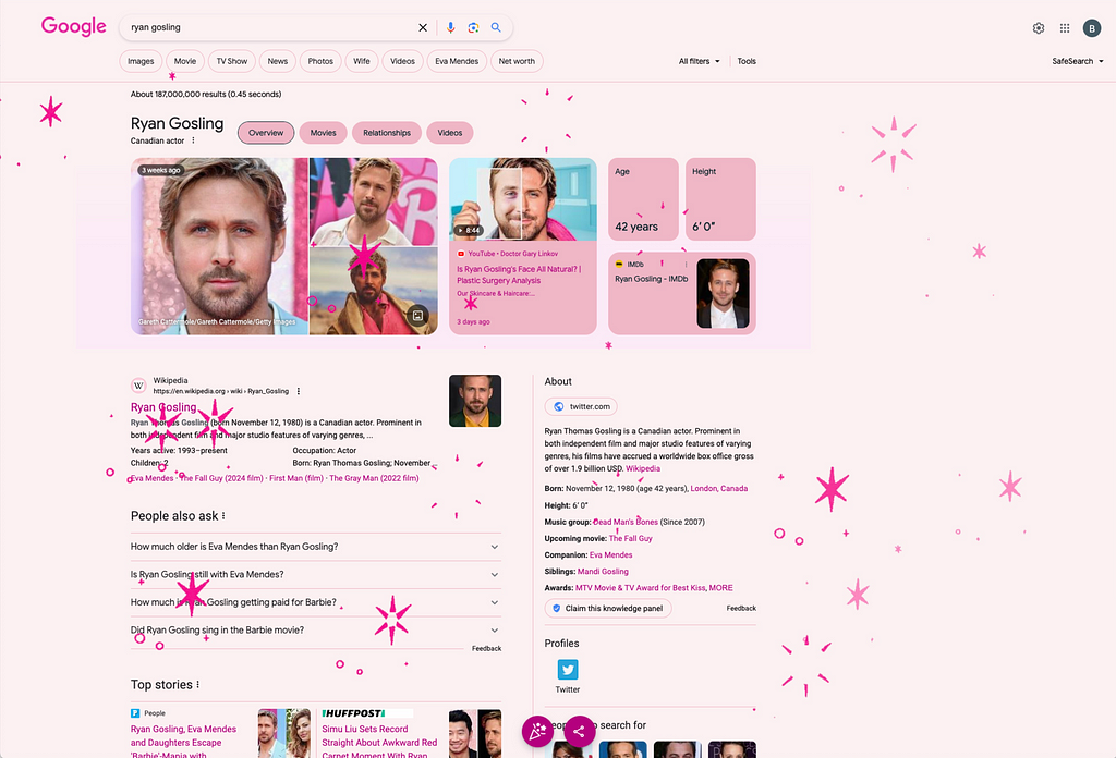 Screenshot from Google searching for Ryan Gosling, with the screen covered in confetti