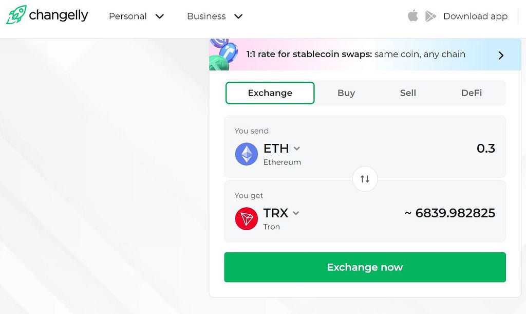 Convert ETH for TRON with Changelly