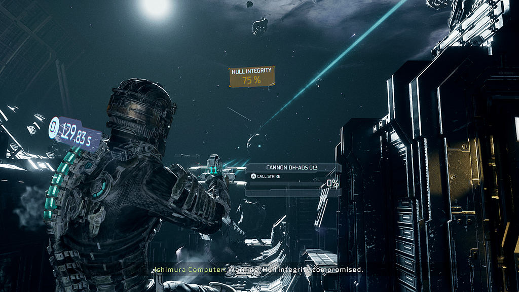 Dead Space screenshot: character in space suit in open space, suit shows oxygen and health indicators, target indicator and suit status visible.