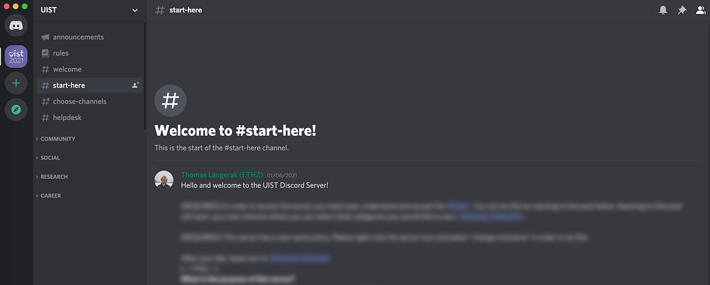 A screenshot of the #start-here channel on the UIST Discord server, with a brief welcome message.