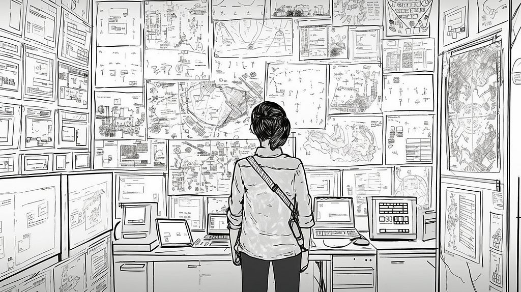 A designer standing in front of a wall covered in sketches and drawings.