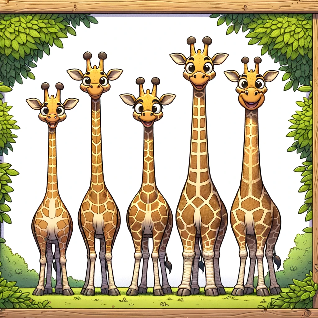 Five giraffes with varying neck lengths surrounded by bushes and trees.